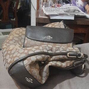 Coach Brown and Cream Signature Bag with Wallet